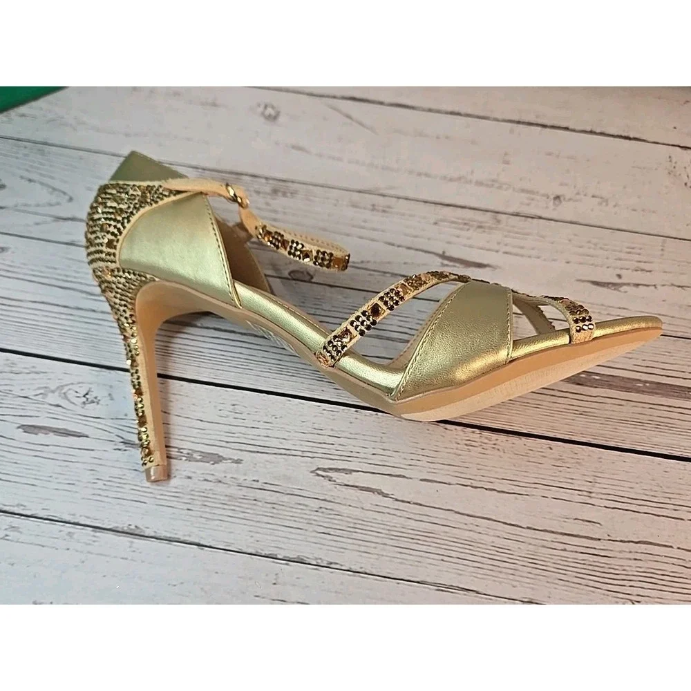 Lauren Lorraine Daisey Gold Rhinestone Heels Evening Party Holiday Sparkle Sz 11